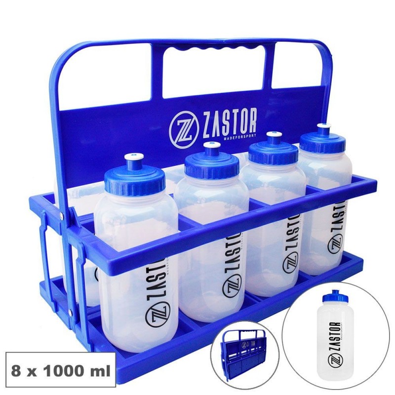 Pack 8 Botellas 1000 ml con Portabotellas Plegable Azul