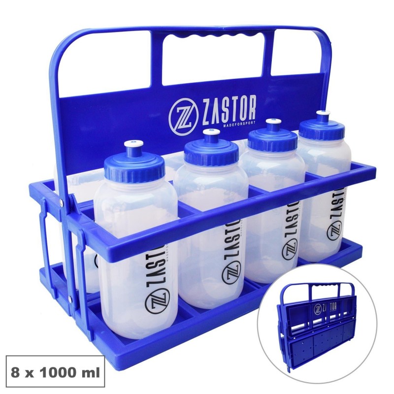 Pack 8 Botellas 1000 ml con Portabotellas Plegable Azul